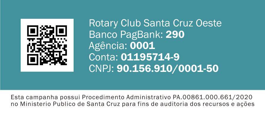 Um QR code na esquerda, ao centro, informações da empresa Rotary, com as informações: Rotary Club Santa Cruz Oeste; Banco PagBank: 290; Agência: 0001; Conta: 01195714-9; CNPJ: 90.156.910/0001-50; e um texto "Esta campanha possui Procedimento Administrativo PA.00861.000.661/2020 no Ministério Público de Santa Cruz para fins de auditoria dos recursos e ações".