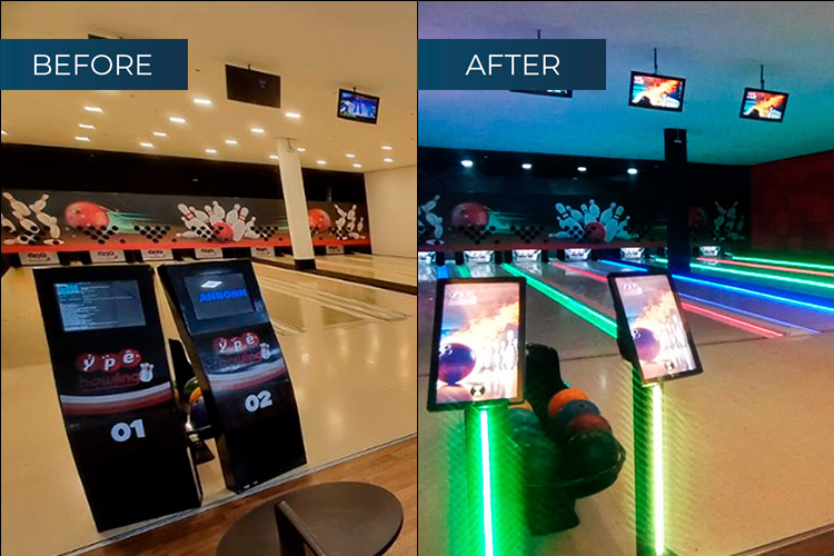 Antes e depois de uma reforma de uma pista de boliche