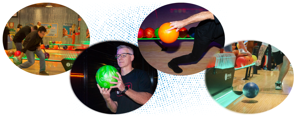 Quatro imagens: a primeira, uma pessoa lançando uma bola de boliche; a segunda, uma pessoa segurando uma bola de boliche se preparando para jogar a bola; a terceira, uma mão segurando uma bola de boliche preparada para jogar; e a quarta, uma bola que acaba de ser lançada.