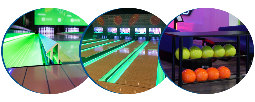 Três imagens à esquerda: uma imagem das canaletas com a pista de boliche ao fundo, ao centro uma vista de cinco pistas de boliche e à direita uma prateleira de cinco bolas de boliche em verde e outra prateleira com quatro bolas laranjas.