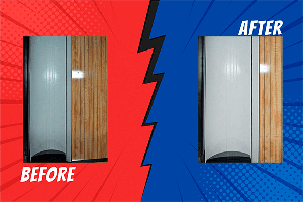 Imagem lado a lado mostrando uma porta de elevador antes e depois da limpeza. A imagem "antes" mostra uma porta de elevador com acabamento em madeira desbotada e uma seção de metal manchada. A imagem "depois" mostra a porta de elevador limpa e restaurada, com uma aparência moderna e renovada.