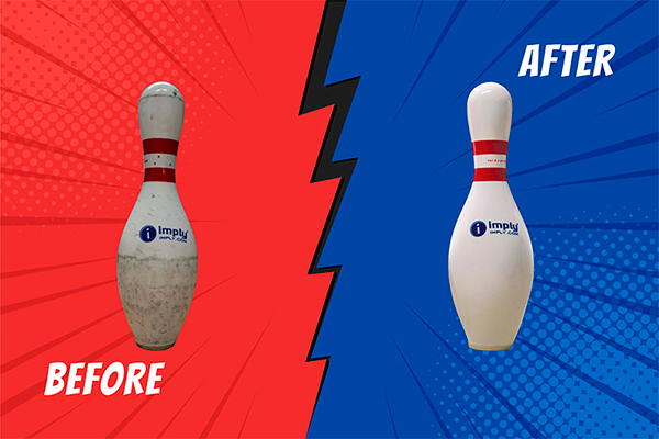 Pin de boliche sujo e desbotado antes e depois da limpeza. O pin de boliche limpo está brilhando e apresenta o logo da Imply.