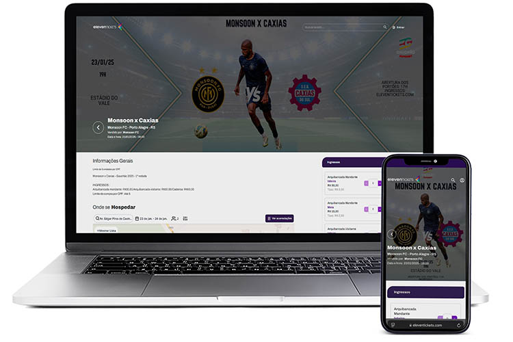Um notebook e um celular mostrando um software de vendas de igressos para eventos