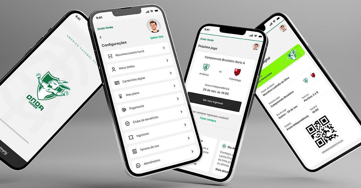 Três smartphones mostrando aplicativo de ingressos para jogos de futebol, com opções de configuração de perfil, visualização de ingressos e compra de ingressos.