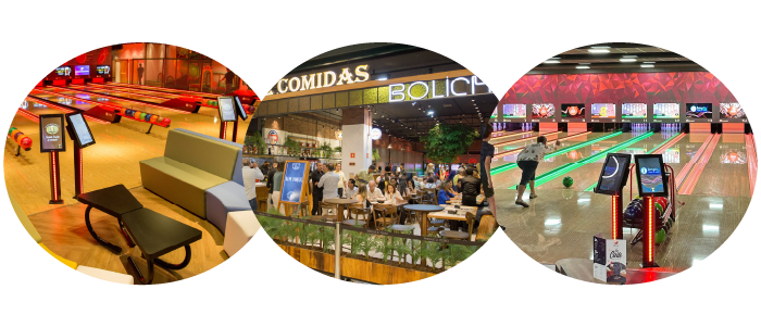 Três imagens circulares que representam o ambiente de um boliche com o assento da pista de boliche, o restaurante e a pista de boliche.