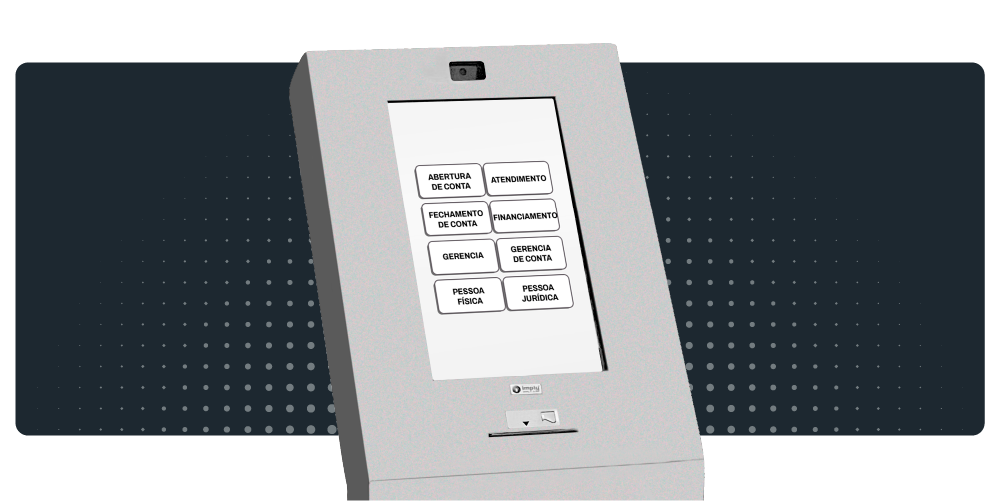 Totem de autoatendimento para banco com as opções: abertura de conta; atendimento; fechamento de conta; financiamento; gerência; gerência de conta; pessoa física; pessoa jurídica.