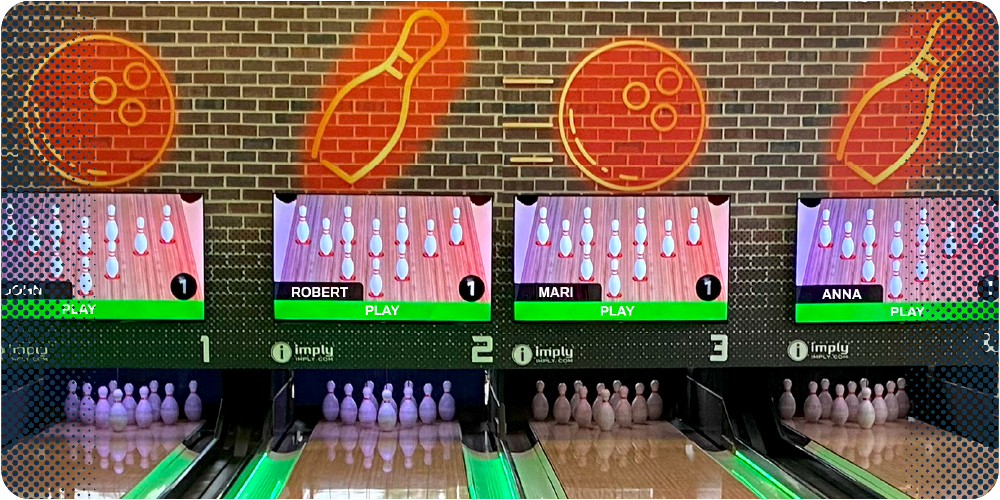 Uma imagem das telas. e pinos de quatro pistas de boliche.