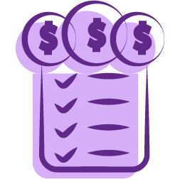 Um desenho de três ícones de cifrões de dólar e abaixo uma lista com vários checks de validação.
