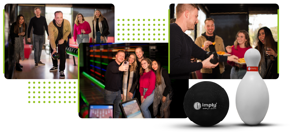 Três imagens: à esquerda, uma pessoa jogando uma bola com quatro pessoas ao fundo; ao centro, uma pessoa tirando uma selfie dela com mais quatro pessoas; e à direita, uma pessoa servindo comida a outras três e no canto inferior direito, uma bola e um pino de boliche.