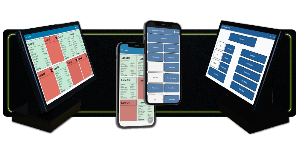 A esquerda e a direita, duas telas iguais, e ao centro, um celular onde mostram a gestão das pistas de boliche.