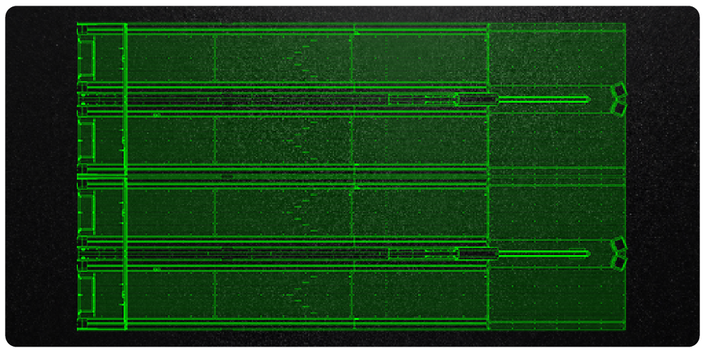 Projeto de uma pista de boliche vista de cima em desenho com contorno em verde.