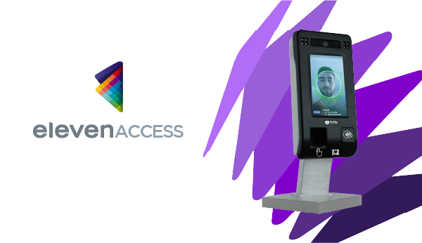 Logo da elevenACCESS ao lado de um terminal de reconhecimento facial biométrico.