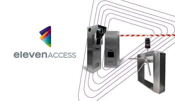 Logo da ElevenAccess ao lado de imagens de um sistema de portões, um torniquete e um leitor de cartão, todos em aço inoxidável.