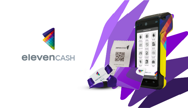 Logotipo da ElevenCash ao lado de um dispositivo móvel POS, recibo com código QR, cartão e pulseira. Tudo em tons de roxo e amarelo.