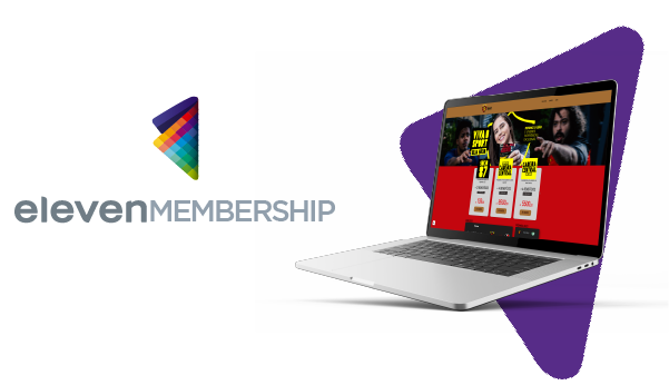 Logo ElevenMembership ao lado de um laptop exibindo uma página da web com opções de assinatura e imagem promocional.