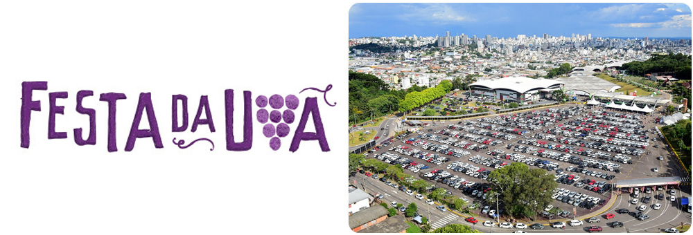 Banner da festa da uva, a direita o slogan da festa com a frase "Festa da Uva" e a direita um vista de cima do estacionamento da festa da Uva.