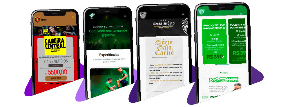 Quatro celulares mostrando aplicativos de vendas de ingressos de clubes de futebol.