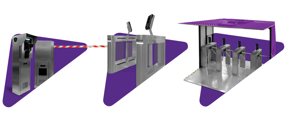 Imagens dos produtos de controle de acesso: à esquerda, uma imagem do produto para controle de acesso para veículos, ao centro, uma imagem do produto para controle de acesso para pessoas e à direita, uma imagem do produto de controle de acesso com catracas para pessoas.