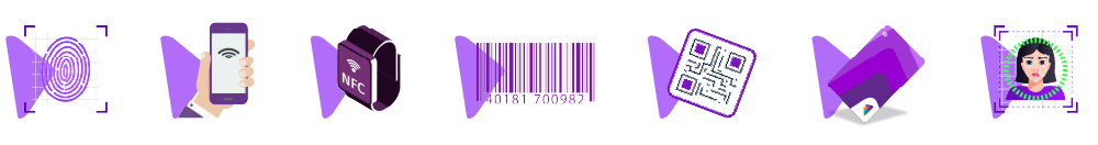 Várias imagens dos tipos de acesso, a primeira imagem demonstra o acesso por biometria digital, a segunda por wi-fi, a terceira por pulseira com funcionalidade NFC, a quarta por códigos de barra, a quinta por QRcode, a sexta por cartão e a sétima e última por biometria facial.