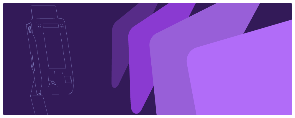 Banner na cor roxa, à esquerda um desenho de controle de acesso de pessoas e à direita vários triângulos em variações de cores.