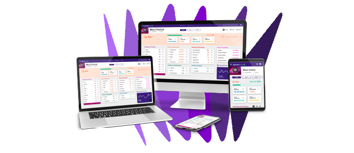 Um notebook, um computador, um celular e um tablet, todos mostrando um dashboard de gestão inteligente com o poder dos dados.
