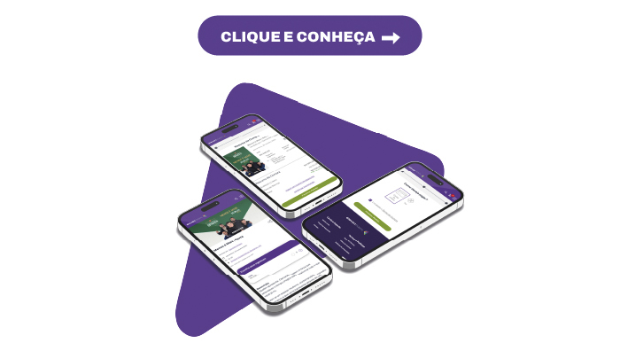 Imagem de três celulares com conteúdos diferentes nas telas sobre um triangulo na cor roxa, um texto acima escrito "Clique e conheça" com uma seta para a esquerda.