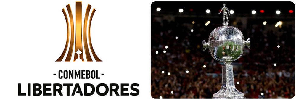 À esquerda, a logo da competição de futebol "Conmebol Libertadores" e à direita, uma imagem do troféu da competição.