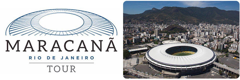 À esquerda, a logo do estádio do Maracanã com a escrita "Maracanã Rio de Janeiro Tour" e à direita, uma imagem de vista de cima do estádio.