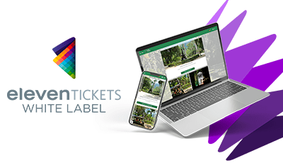 À esquerda, o logo da empresa "ElevenTickets White Label" e, à direita, um notebook e um celular.