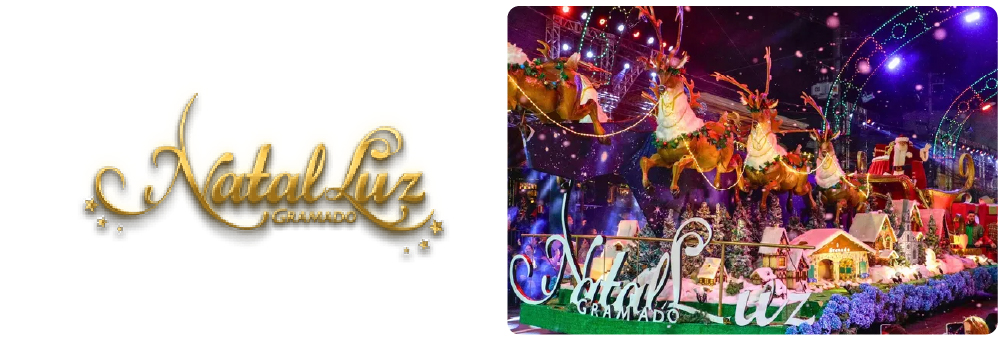 Logotipo dourado "Natal Luz Gramado" e imagem de um desfile de Natal com Papai Noel em uma carroça puxada por renas, rodeado por casas de Natal e neve artificial.