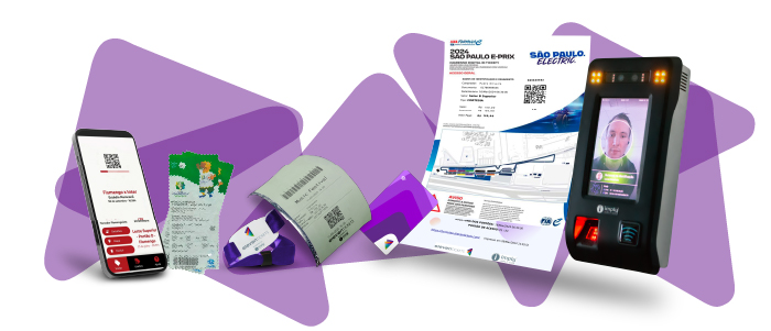 Montagem de diversas formas de ingressos e controle de acesso: um smartphone exibindo um ingresso digital vermelho e branco com QR code para um jogo do Flamengo; ingressos físicos de papel para um jogo de futebol com mascote e para um festival de música; um ingresso maior para o "2024 SÃO PAULO E-PRIX"; e um terminal de acesso preto com tela mostrando reconhecimento facial, leitor de impressão digital e NFC. Formas abstratas roxas compõem o fundo.