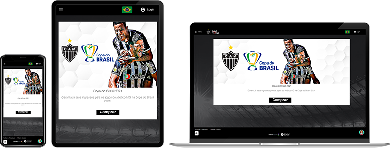 Imagem de um celular, um tablet e um notebook mostrando a plataforma de compra de ingressos.