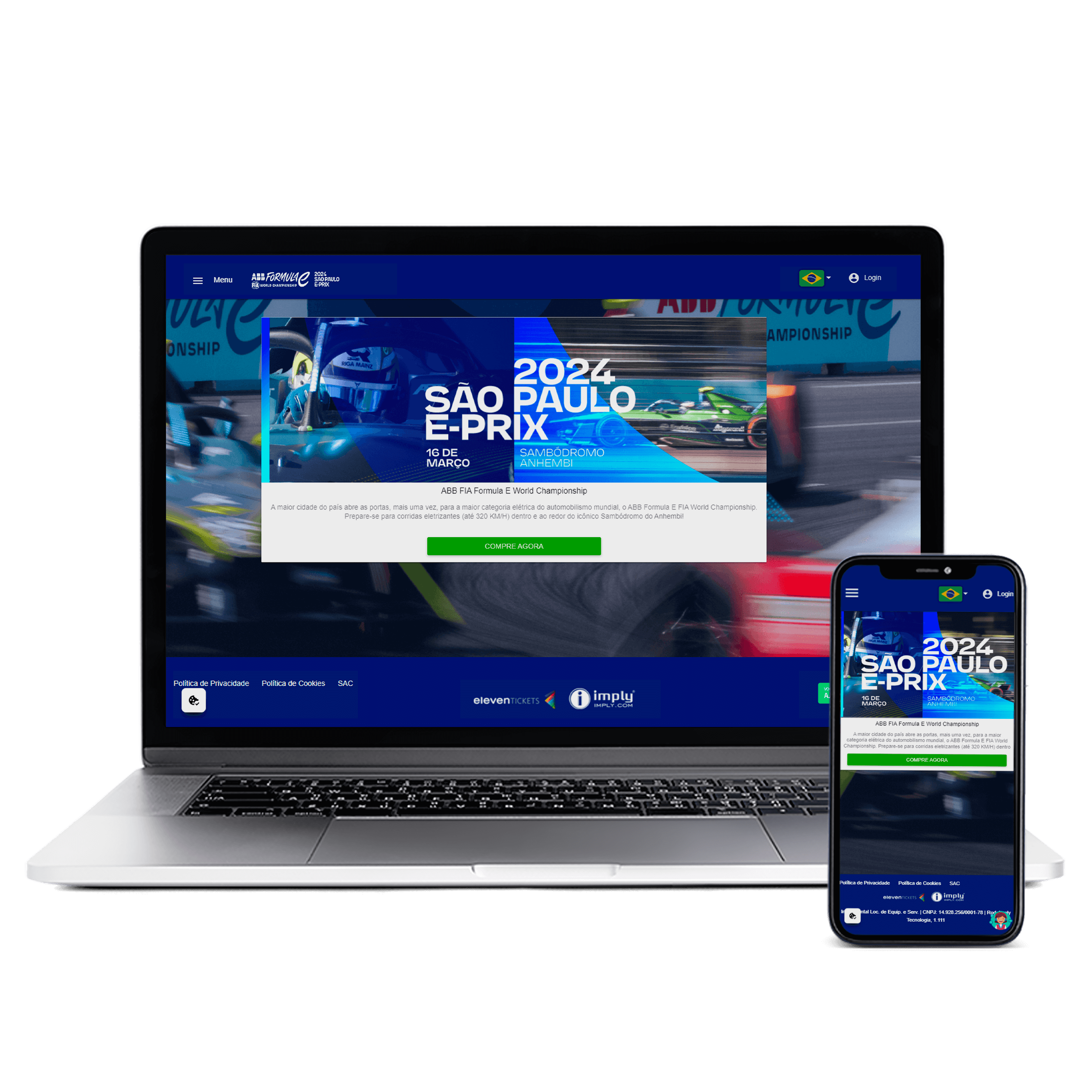 Imagem de um notebook e um celular, mostrando um evento de Fórmula 1 "São Paulo E-prix 2024".