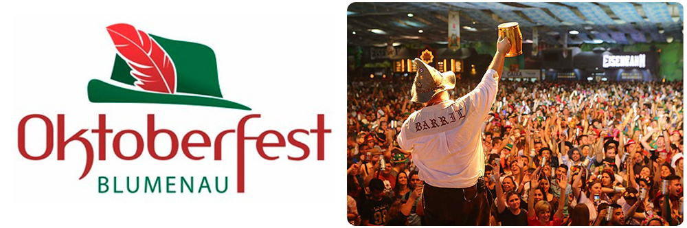 À esquerda, uma logo do evento Oktoberfest escrito "Oktoberfest Blumenau" com um chapéu verde em cima com uma pena vermelha e à direita uma imagem de uma pessoa em pé à frente de uma multidão com um copo de cerveja levantado para o alto.