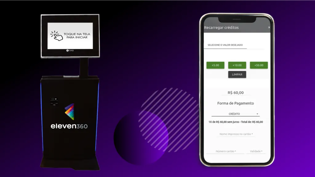 Terminal de recarga e smartphone com app de pagamento.