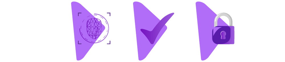 Três desenhos de validação facial, o primeiro mostra o escaneamento facial, o segundo um check de verificação e o terceiro um cadeado.