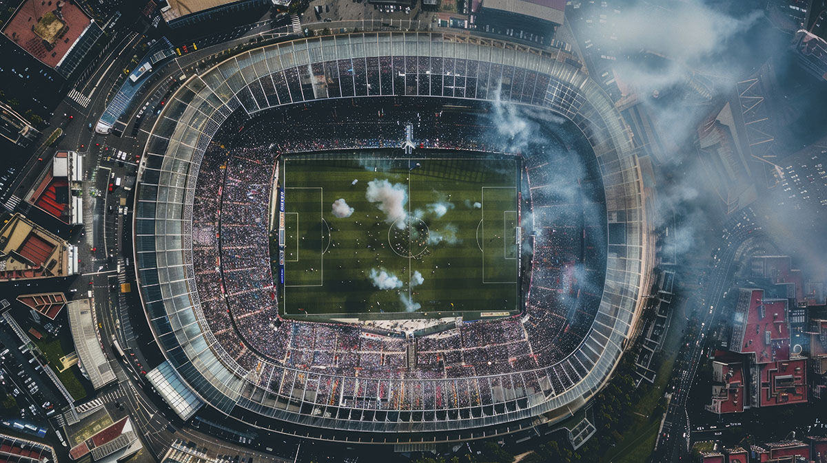Vista aérea de um estádio de futebol lotado